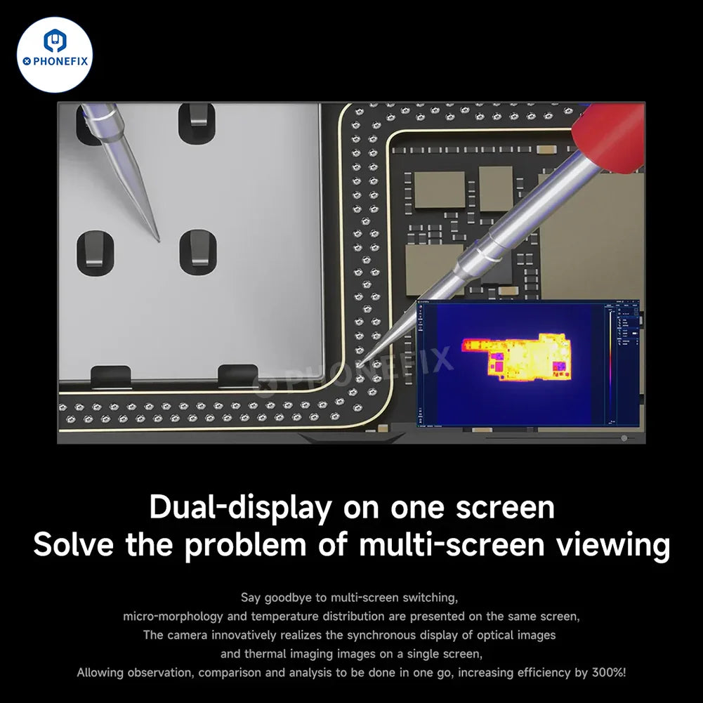 PHONEFIX MECHANIC Action3 4K microscope camera with optical and thermal imaging display, showing detailed close-up visuals.