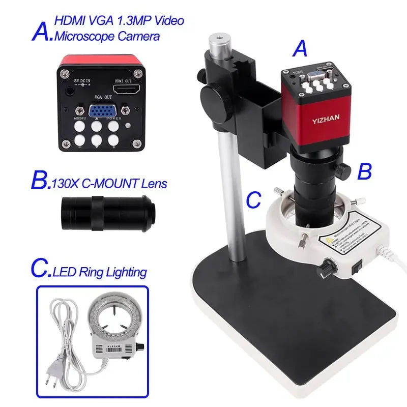 Industrial microscope camera with 13MP resolution, HDMI and VGA ports, C-mount lens, and ring light for detailed microscopy imaging.