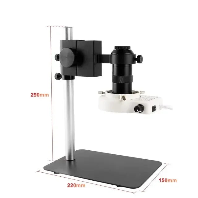 13MP HDMI VGA industrial microscope camera with C-mount lens and ring light, ideal for detailed scientific and industrial inspection.