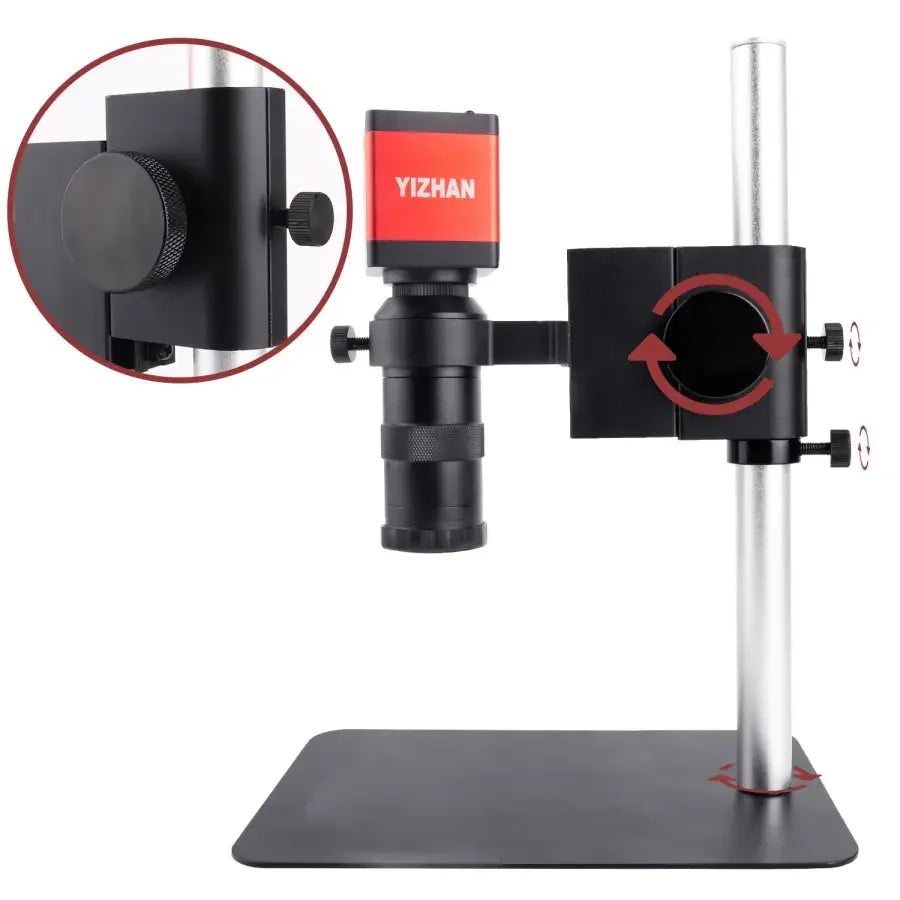 13MP PHONEFIX industrial microscope camera with HDMI, VGA, C-mount lens, and ring light for detailed inspection imaging.