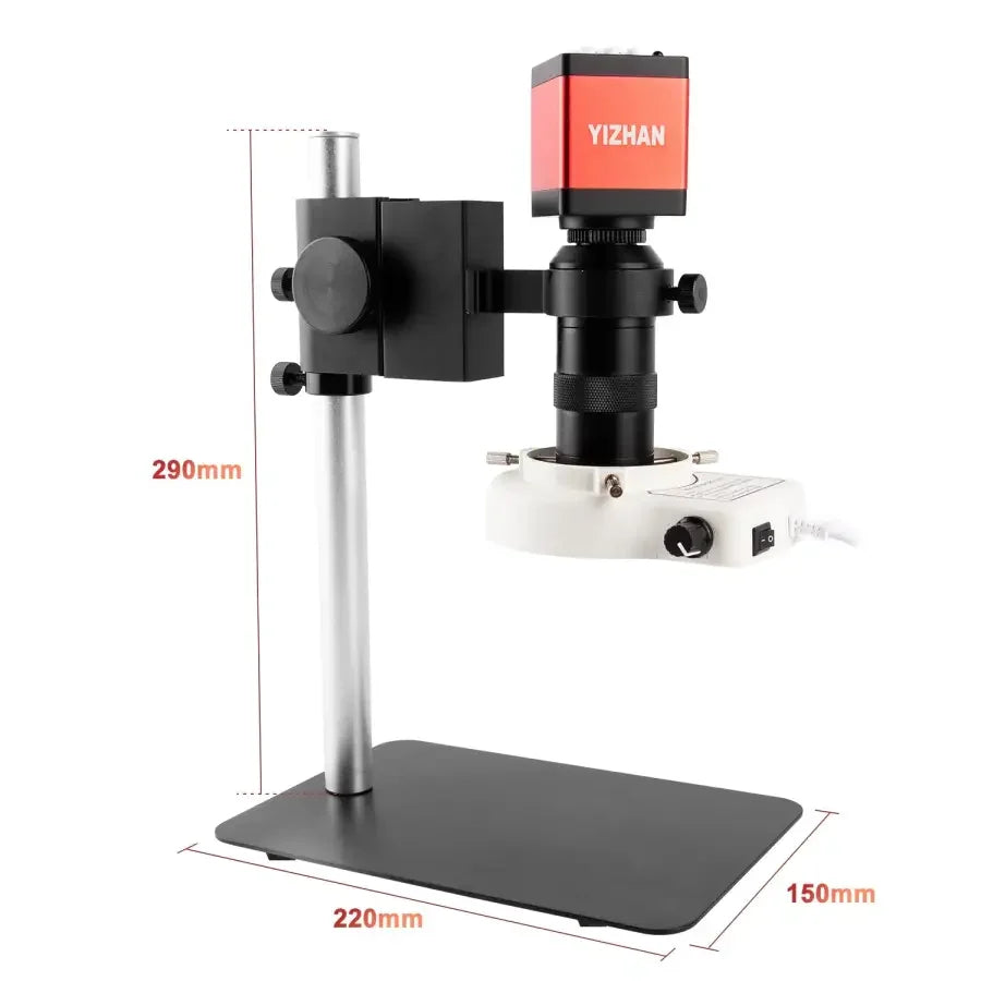 PHONEFIX 13MP HDMI VGA industrial microscope camera with C-mount lens, ring light, and lamp for detailed magnified imaging.