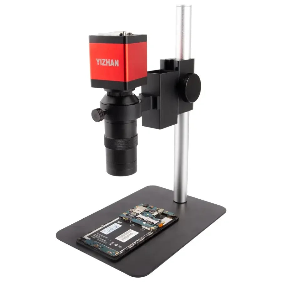 13MP HDMI VGA industrial microscope camera by PHONEFIX with C-mount lens, ring light, and lamp for detailed microscopic imaging.