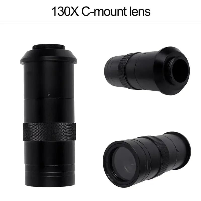 PhoneFIX 13MP HDMI VGA industrial microscope camera with C-mount lens, ring light, and lamp for detailed imaging.