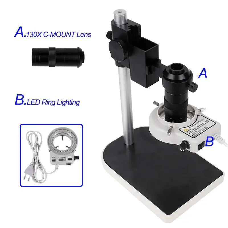 13MP HDMI VGA industrial microscope camera by PHONEFIX with C-mount lens and ring light for detailed microscopic imaging.