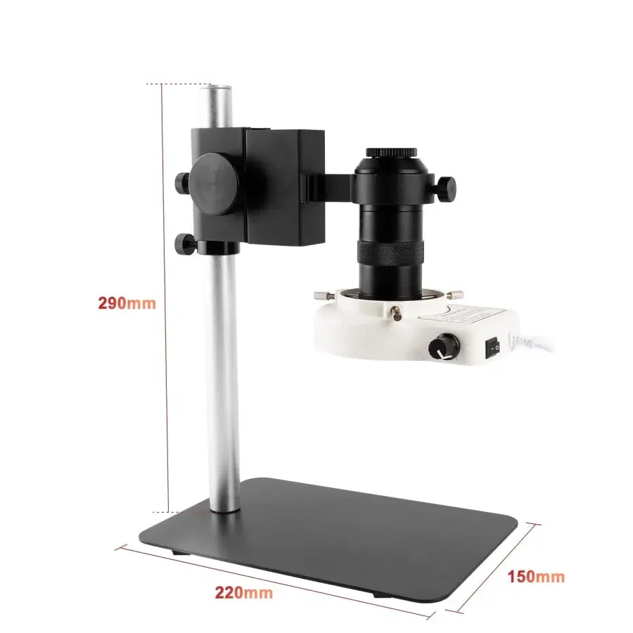 Phonefix 13MP HDMI VGA industrial microscope camera with C-mount lens, ring light, and lamp for detailed microscopy imaging.