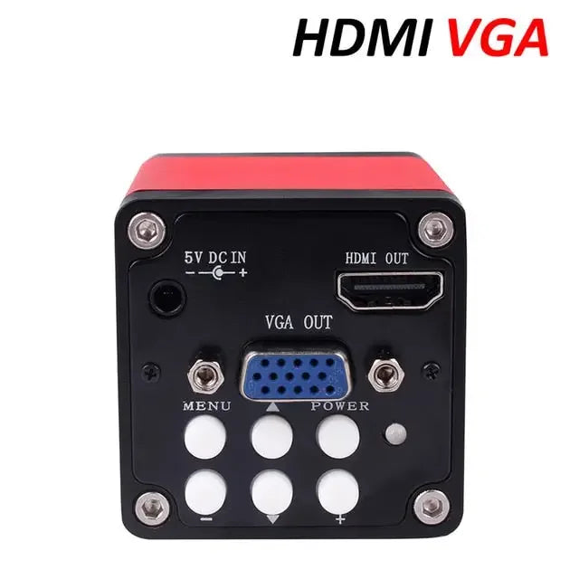 PHONEFIX 13MP HDMI VGA industrial microscope camera with C-mount lens, ring light, and lamp for detailed microscopic imaging.