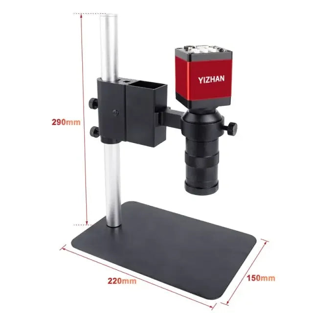13MP HDMI and VGA industrial microscope camera with C-mount lens and ring light, designed for detailed inspection and imaging.