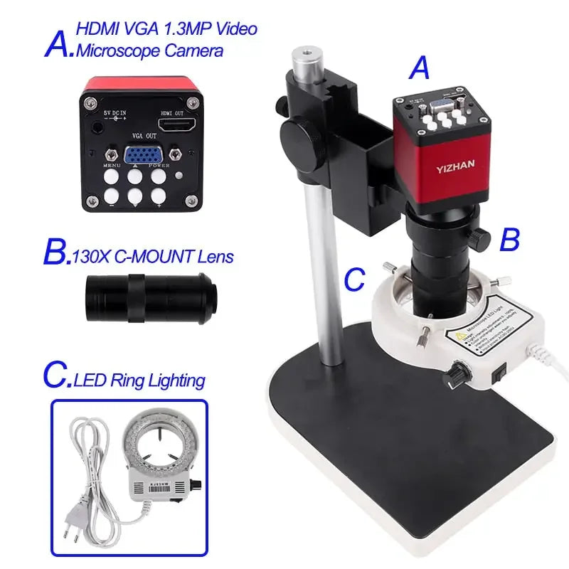 PHONEFIX 13MP industrial microscope camera with HDMI/VGA, C-mount lens, and ring light for detailed microscopy imaging.