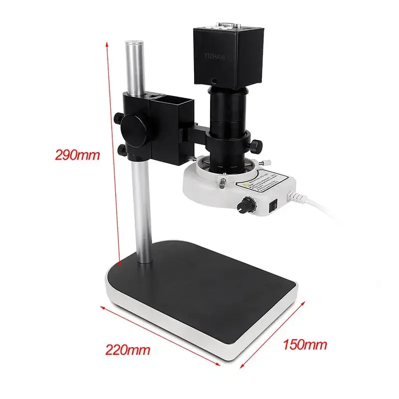 13MP HDMI VGA industrial microscope camera with C-mount lens and ring light for detailed microscopic imaging.