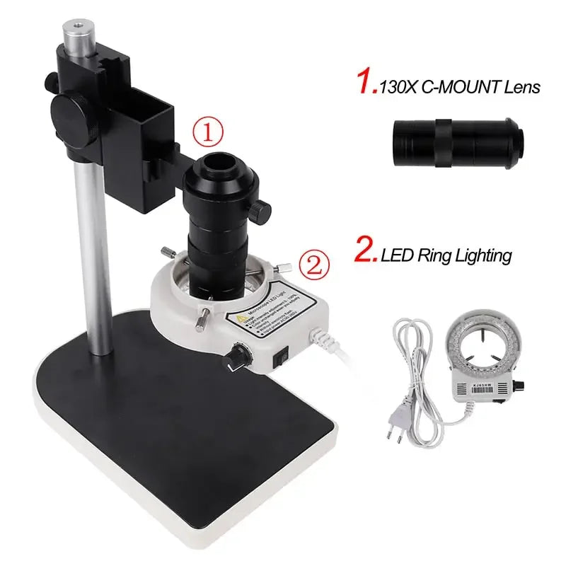 13MP industrial microscope camera with HDMI and VGA, C-mount lens, ring light, and lamp by PHONEFIX for detailed microscopic imaging.