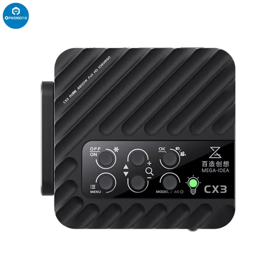 PhoneFIX CX3 CMOS industrial microscope camera showing detailed 1080p image sensor and lens setup for high-resolution microscopy.