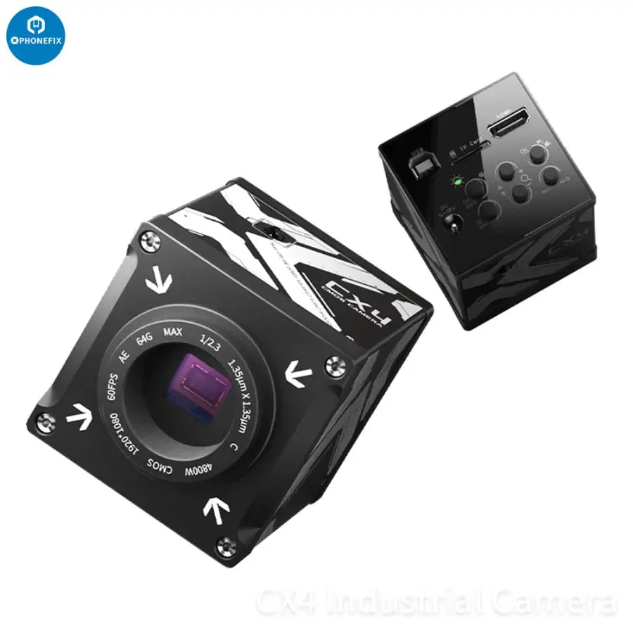 PHONEFIX CX3 CX4 CMOS industrial microscope camera with 1080P resolution and 4800W image sensor, shown with lens and camera body.