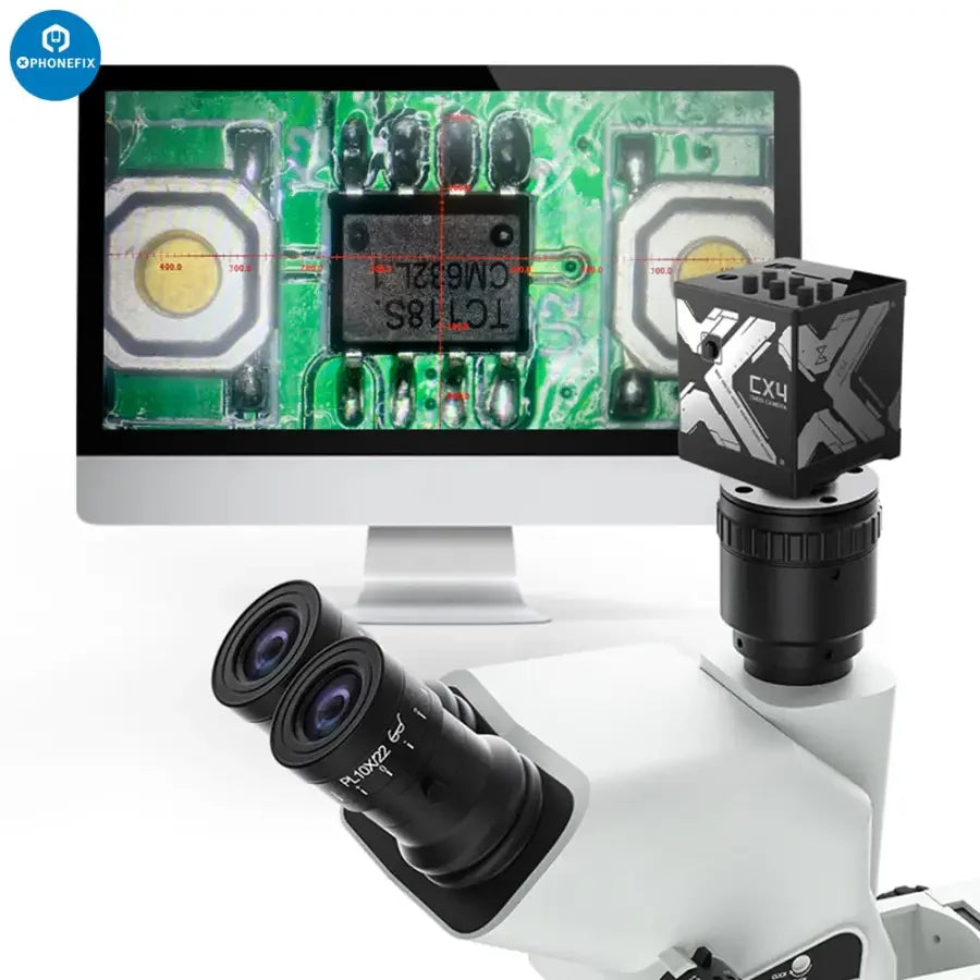 PHONEFIX CX3 CX4 CMOS industrial microscope camera showing 1080P image sensor and detailed microscopic view.