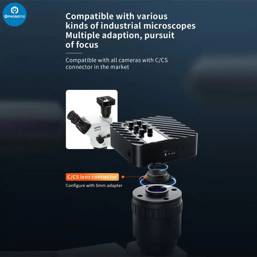 PhoneFIX CX3 CX4 CMOS industrial microscope camera with 1080P resolution and 4800W image sensor, detailed close-up view.