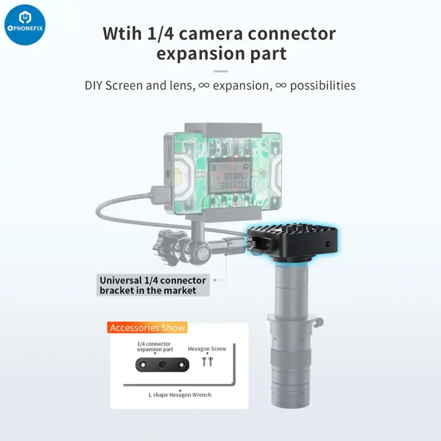 PHONEFIX CX3 CX4 CMOS industrial microscope camera with 1080P resolution and 4800W image sensor, mounted on a microscope.