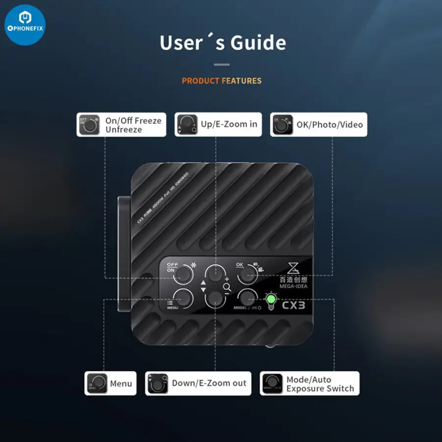 PHONEFIX CX3 CX4 CMOS industrial microscope camera showing detailed 1080P image sensor and camera lens for high-resolution imaging.