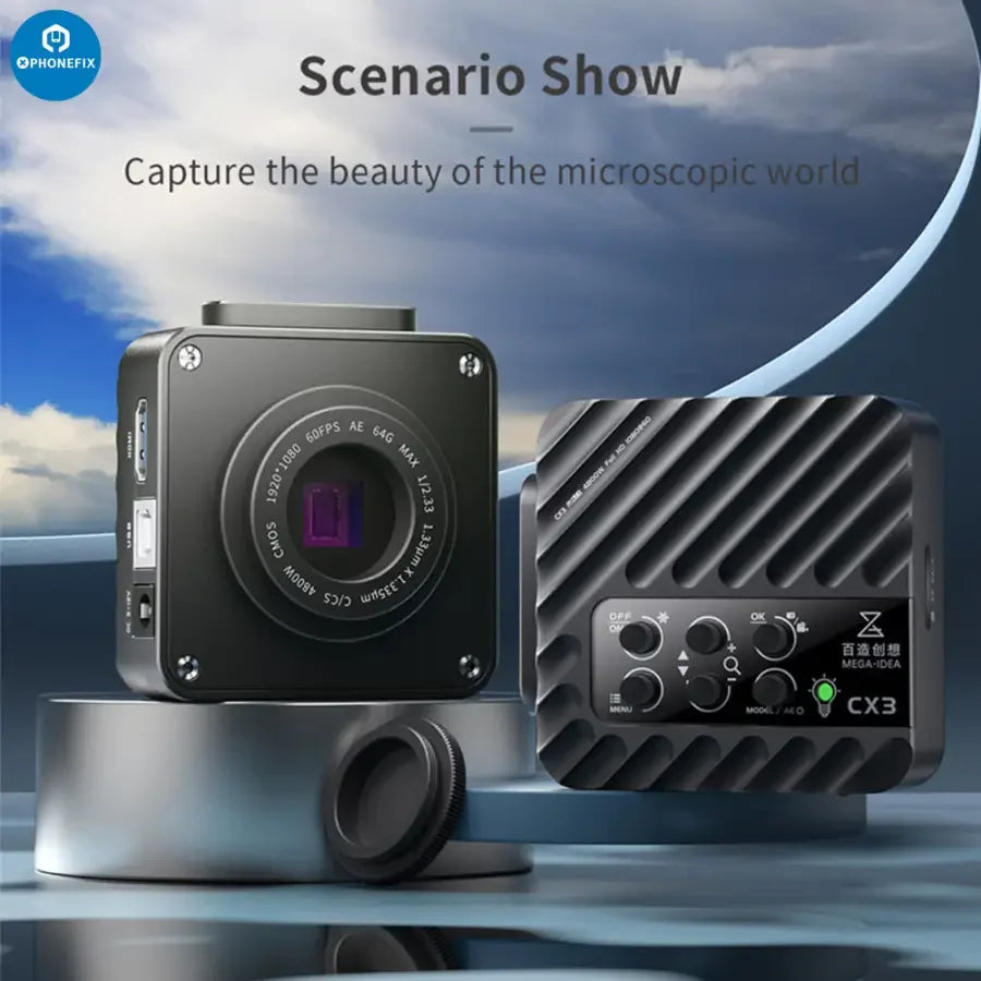 PHONEFIX CX3 CX4 CMOS industrial microscope camera showing 1080P resolution and 4800W image sensor in a close-up view.