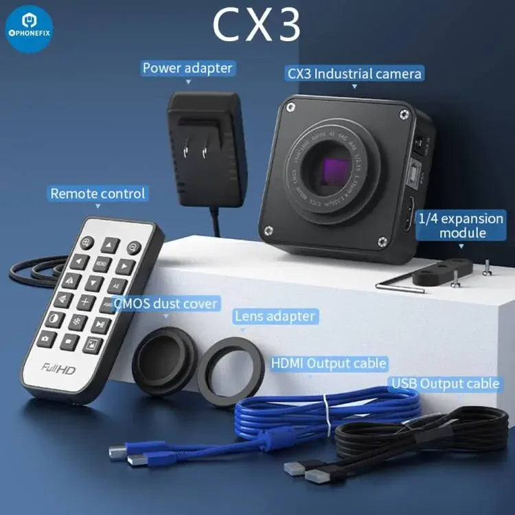 PhoneFIX CX3 CX4 CMOS industrial microscope camera with 1080P resolution and 4800W image sensor, used for detailed microscopic imaging.
