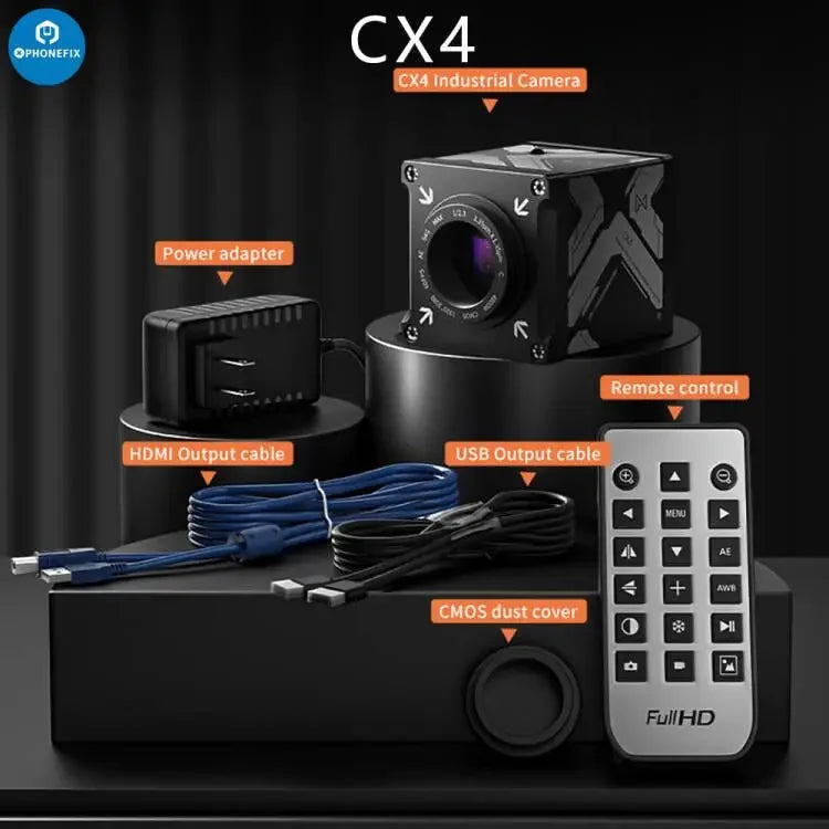 PhoneFIX CX3 CX4 CMOS industrial microscope camera with 1080P resolution and 4800W image sensor, showcasing the camera's compact design.