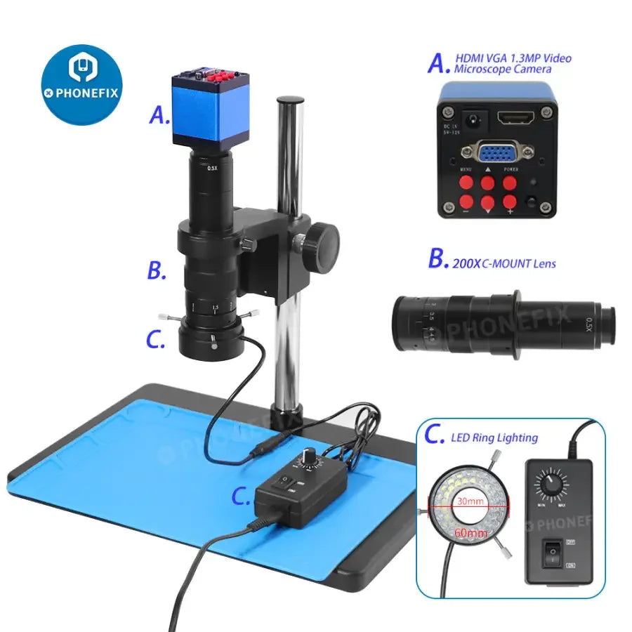 PHONEFIX 13MP HDMI VGA digital video microscope camera set for PCB repair, showing the microscope with connected cables and PCB in view