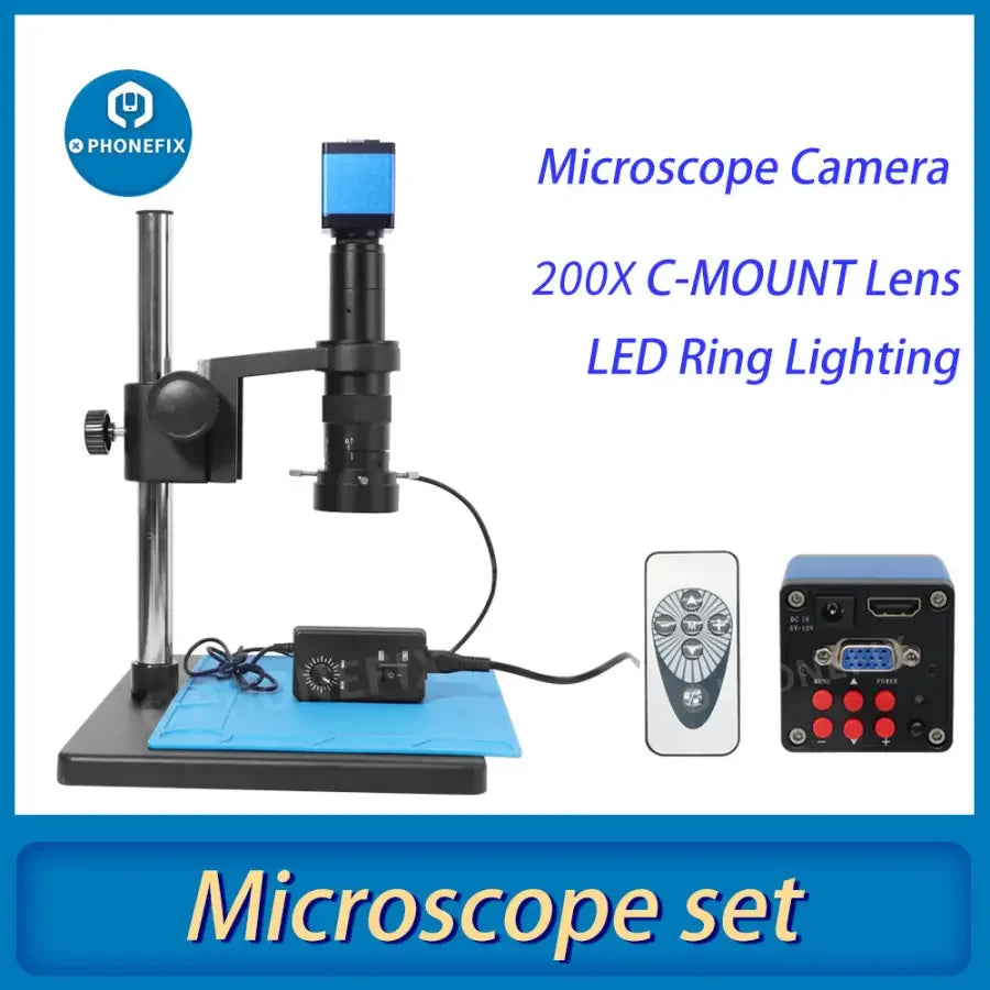 PhoneFix 13MP HDMI VGA digital microscope camera set for PCB repair, showing the microscope with connected cables and PCB inspection view.