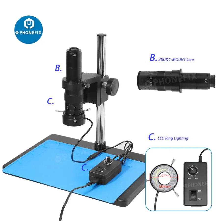 Phonefix 13MP HDMI VGA digital video microscope camera set for PCB repair, shown with connected camera and microscope setup.