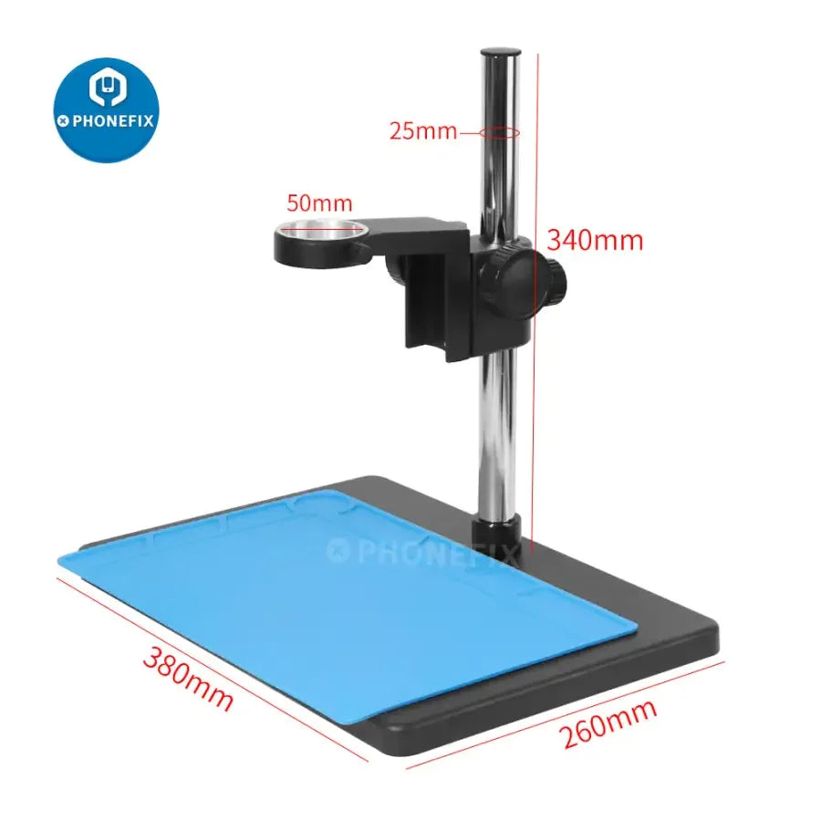 PhoneFIX 13MP HDMI VGA digital microscope camera set for PCB repair, showing close-up view of circuit board inspection equipment.