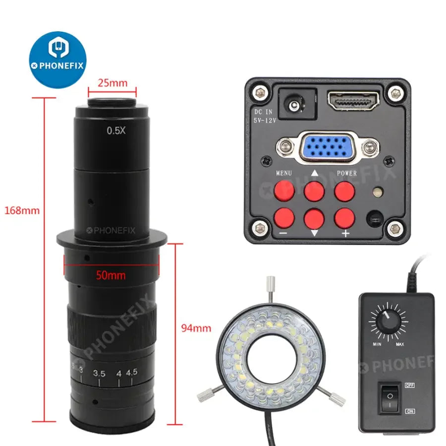 13MP HDMI VGA digital video microscope camera set by PHONEFIX for PCB repair, showing the microscope with connected cables and inspection view