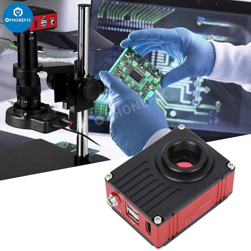 PHONEFIX 2K HD USB C-Mount industry microscope digital camera showing close-up view of microscopic details on a lab sample.