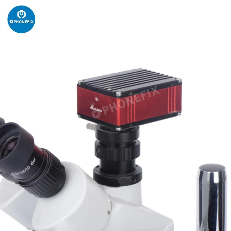 PHONEFIX 2K HD USB C-Mount Industry Microscope Digital Camera showing detailed microscope lens and connection port.