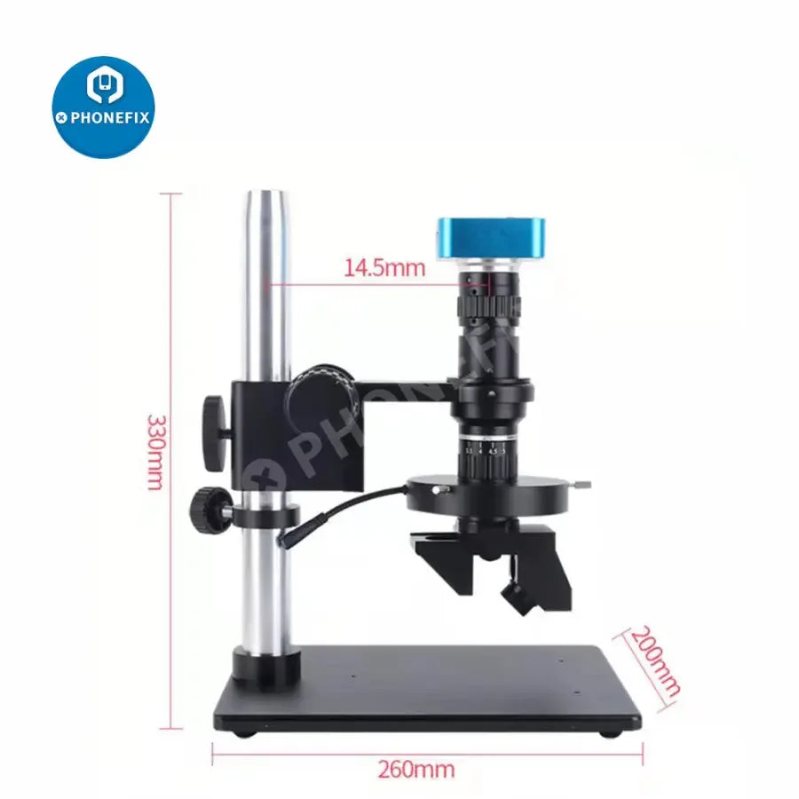 PHONEFIX 3D intelligent digital microscope with 21MP HDMI video camera showing detailed close-up of sample under high-resolution lens.