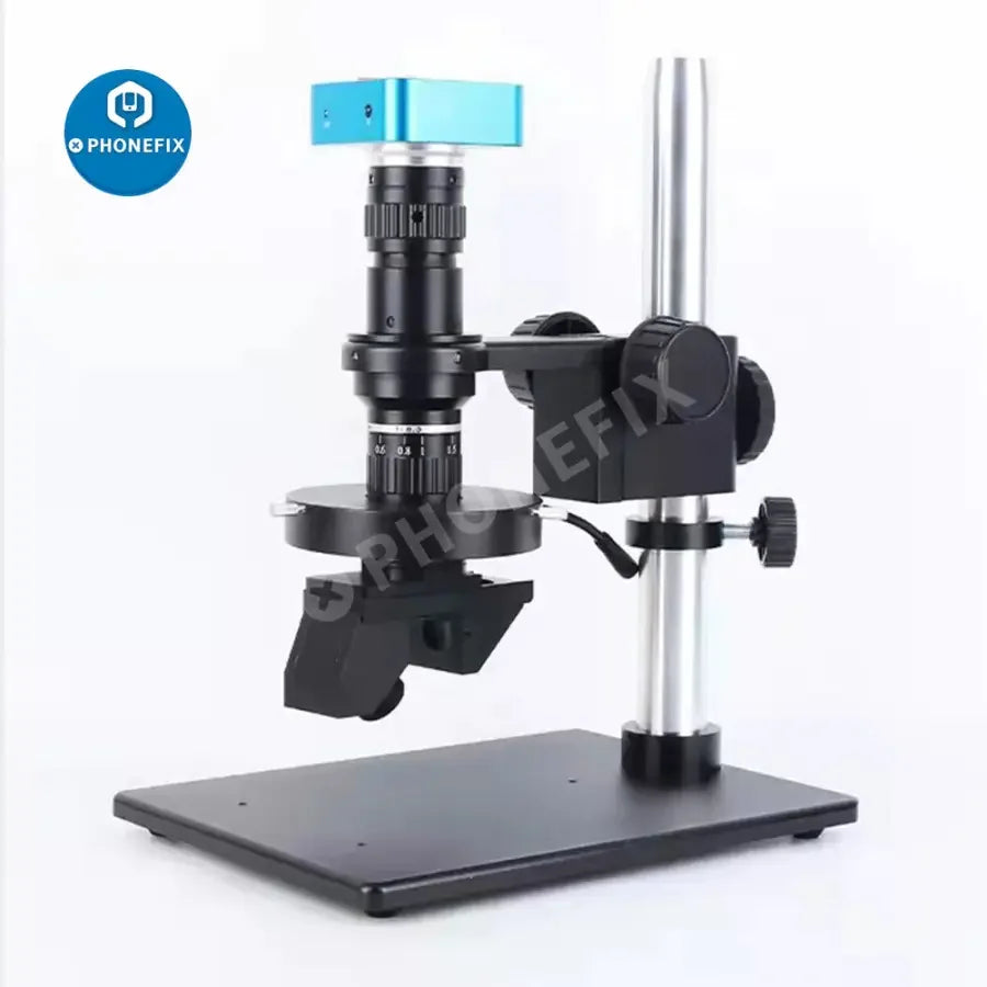 PHONEFIX 3D digital microscope with 21MP HDMI video camera, showing close-up view of sample through the advanced microscope lens.