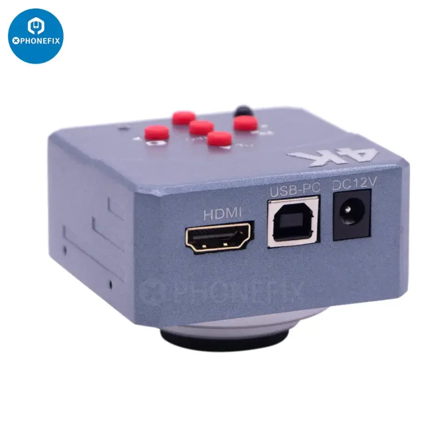 PHONEFIX 4K 60fps HDMI USB CS Mount digital industrial microscope camera showing detailed close-up of microscopic objects.