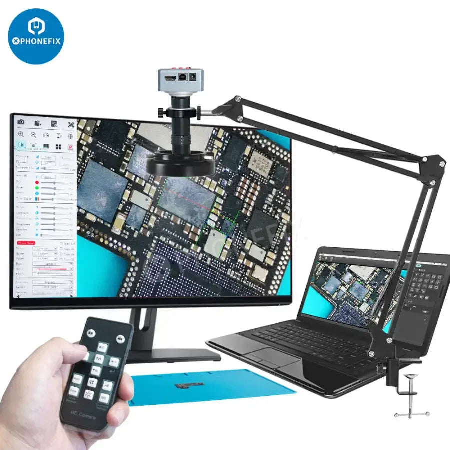 PHONEFIX 4K 60fps HDMI USB CS Mount digital industrial microscope camera showing detailed view of microscope lens and connection ports.
