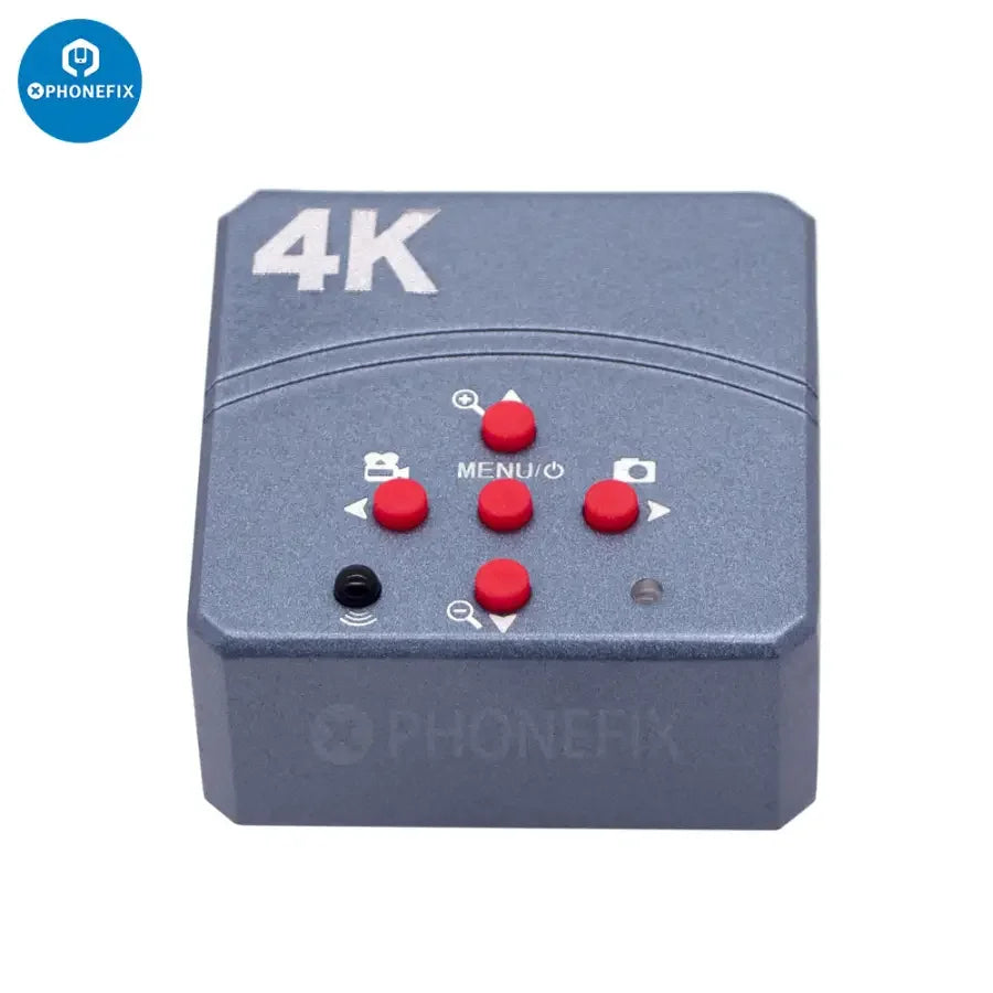 PHONEFIX 4K 60fps HDMI USB CS Mount digital industrial microscope camera showing detailed close-up of microscope lens and connectors.