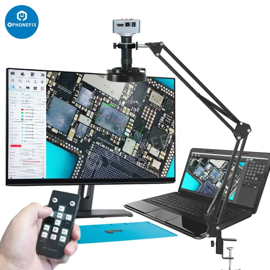 PHONEFIX 4K 60fps HDMI USB CS Mount Digital Industrial Microscope Camera showing detailed close-up view of microscopic samples.