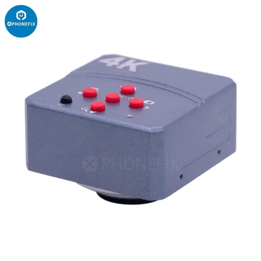 PHONEFIX 4K 60fps HDMI USB CS Mount digital industrial microscope camera showing close-up view of microscopic details.