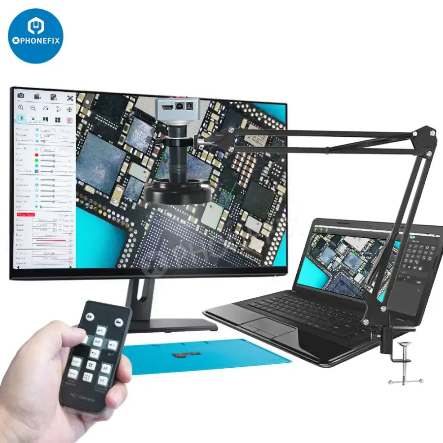 PHONEFIX 4K 60fps HDMI USB CS Mount Digital Microscope Camera showing close-up view of industrial inspection setup.
