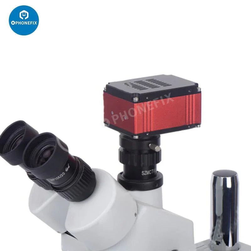PHONEFIX 4K UHD 1080P HDMI industrial microscope digital camera showing close-up view of microscopic specimen on screen.