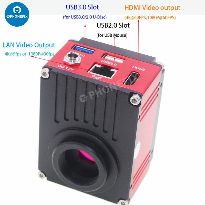 PhoneFIX 4K UHD 1080P HDMI industrial microscope digital camera showing close-up view of microscopic samples.