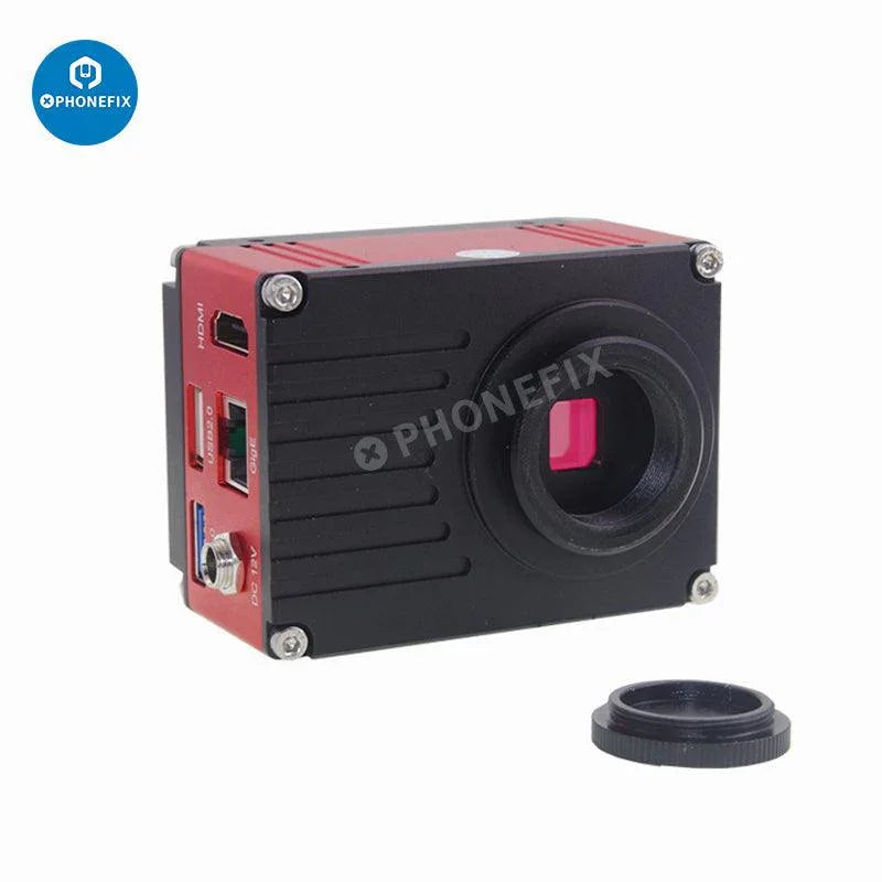 PhoneFIX 4K UHD HDMI industrial microscope digital camera showing detailed microscope view with HDMI connection and digital controls.