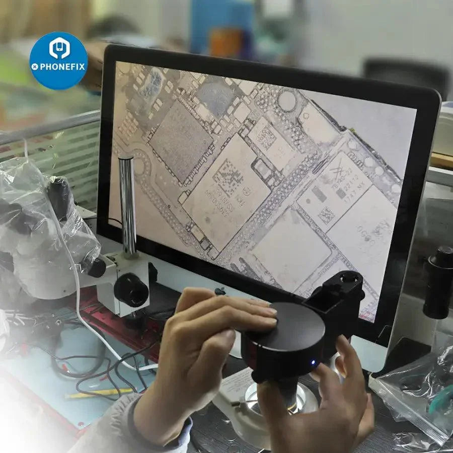 PHONEFIX H300 HDMI industrial microscope camera for phone soldering repair, showing close-up view of circuit board inspection.