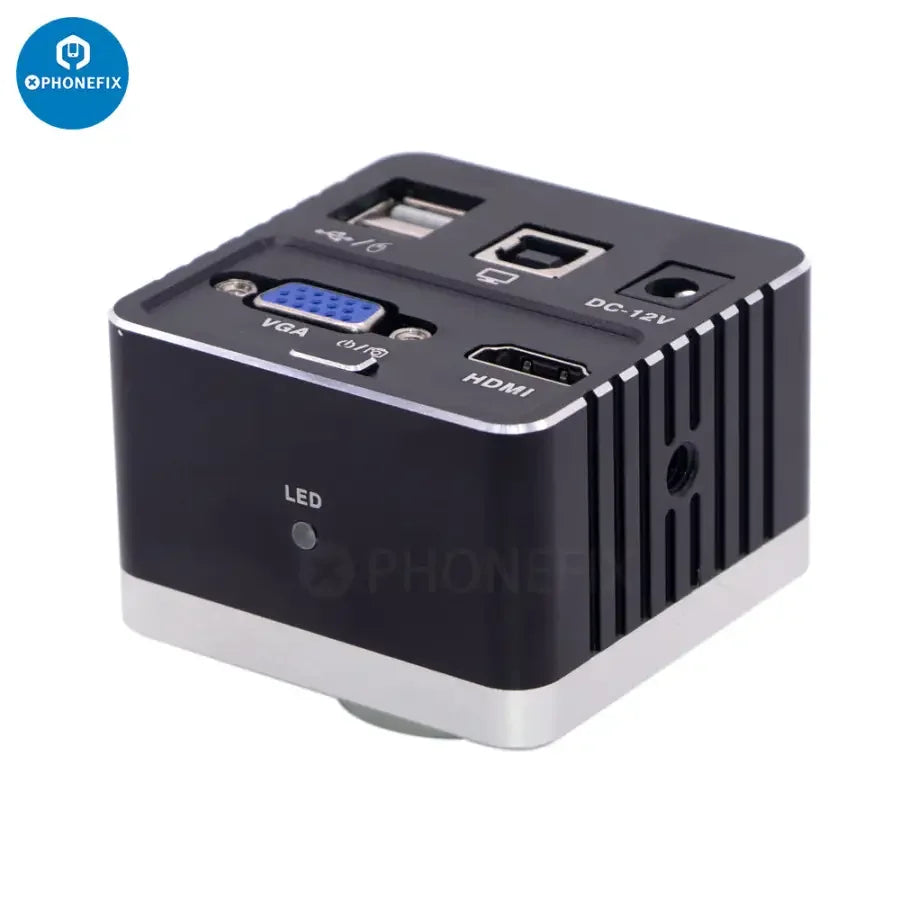 Industrial microscope camera by PHONEFIX with HDMI, VGA, CMOS, and U disk storage, designed for high-resolution microscopy imaging.