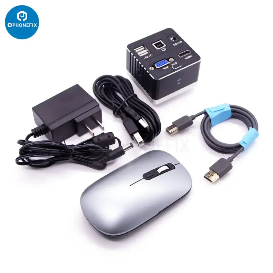 Industrial microscope camera by PHONEFIX with HDMI and VGA output, CMOS sensor, and U disk storage for detailed microscopic imaging.