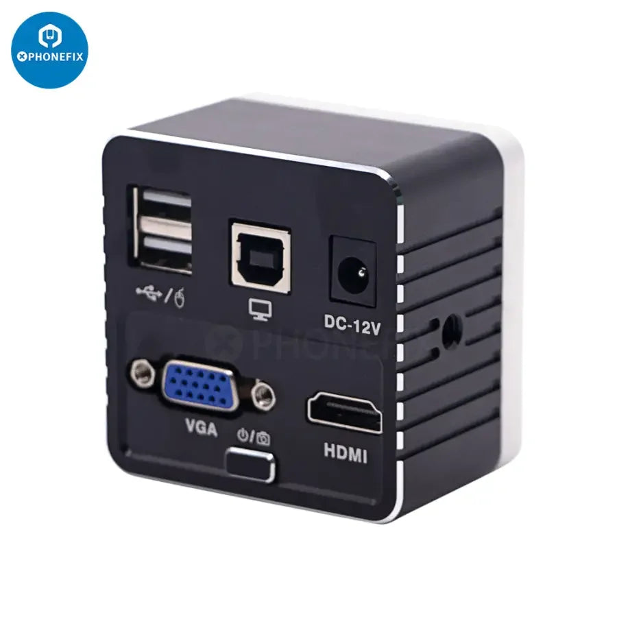 Cámara microscópica industrial de PHONEFIX con HDMI, VGA, sensor CMOS y almacenamiento en unidad USB, diseñada para la obtención de imágenes microscópicas detalladas.