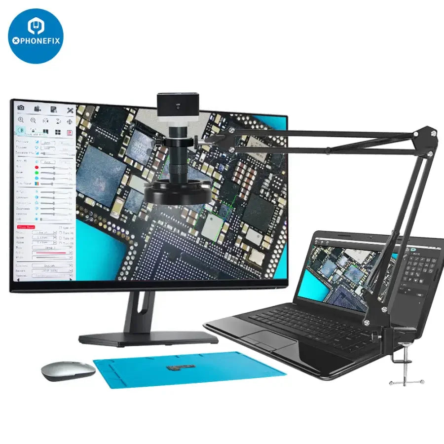 Cámara de microscopio industrial con HDMI, VGA, CMOS y almacenamiento USB de PHONEFIX, que muestra los puertos de conexión y los detalles de la lente.