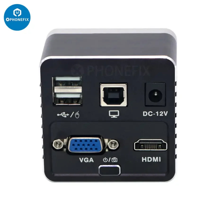 Cámara microscópica industrial de PHONEFIX con salida HDMI y VGA, sensor CMOS y almacenamiento en unidad USB para imágenes detalladas.