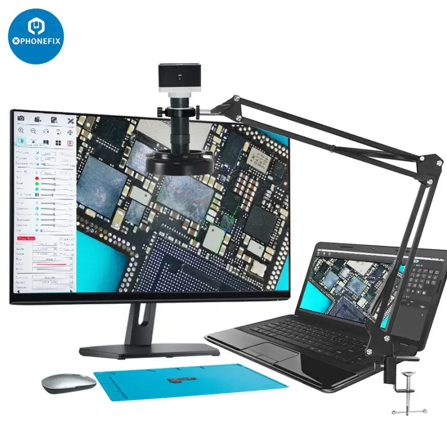Cámara de microscopio industrial de PHONEFIX que muestra puertos HDMI y VGA con sensor CMOS y almacenamiento en unidad USB en una configuración profesional.