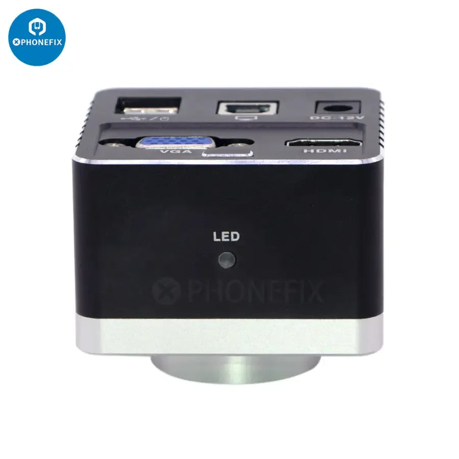 Cámara microscópica industrial de PHONEFIX con HDMI, VGA, sensor CMOS y almacenamiento en unidad USB para obtener imágenes microscópicas detalladas.