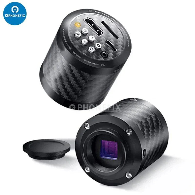 MEGA-IDEA CX60 CMOS 4K industrial microscope camera by PHONEFIX showing detailed close-up of camera lens and body.